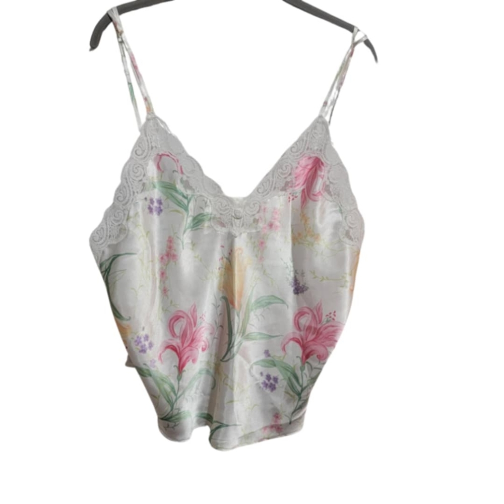 Vintage Lace Floral Satin Camisole Unique Side Buttons Detail Large